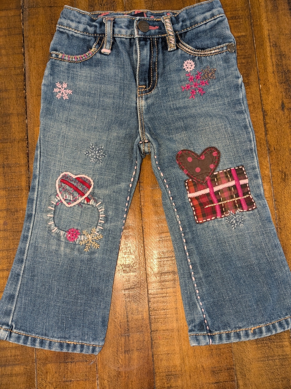 Girls BABY GAP 18-24m Denim Snowflake Plaid Patch Heart Jeans